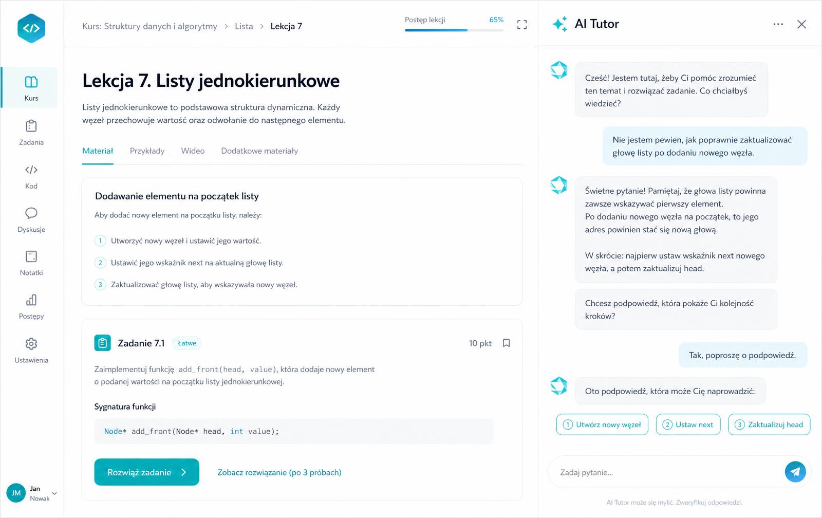 Panel AI Tutora z podpowiedzią w trakcie ćwiczenia programistycznego