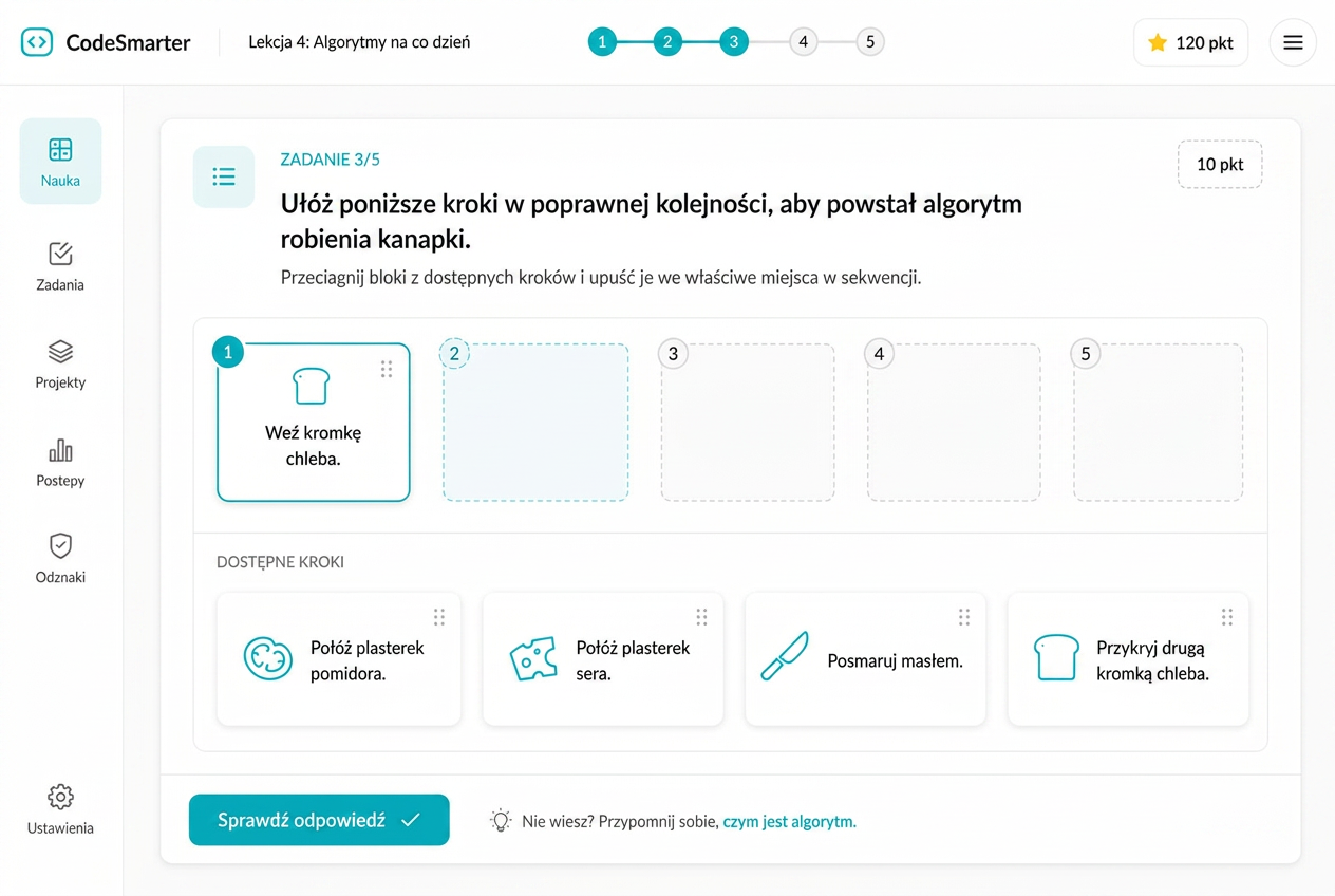 Ćwiczenie interaktywne z układaniem kroków algorytmu